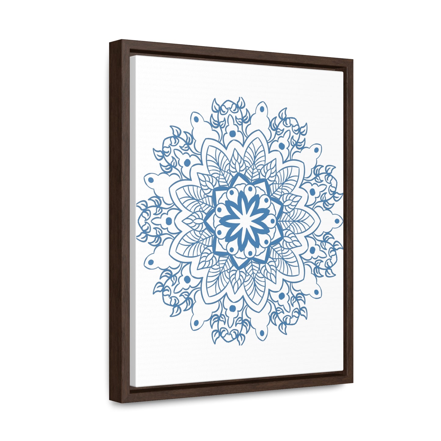 Beautiful handmade steel blue mandala design wall art on gallery canvas wraps, displayed in a vertical frame