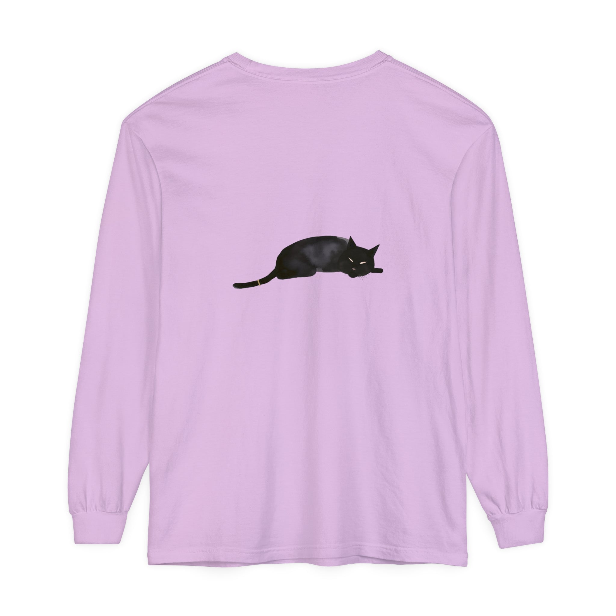 Black cat curled up peacefully on a cozy bed, printed on a unisex long sleeve t-shirt