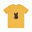 A black cat with green eyes, wearing a red bow tie, graphic tee with cute facial expression