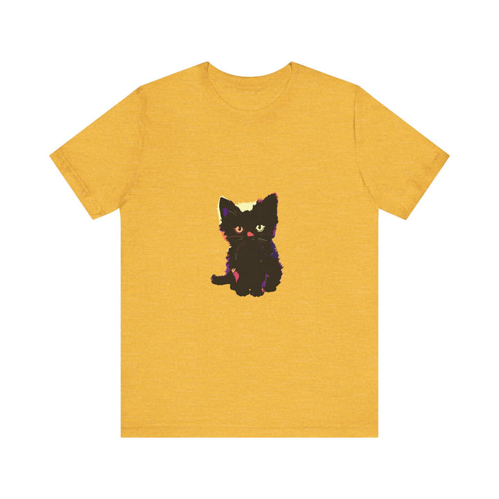 A black cat with green eyes, wearing a red bow tie, graphic tee with cute facial expression