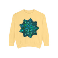 A detailed blue and green mandala design sweatshirt, perfect for casual wear