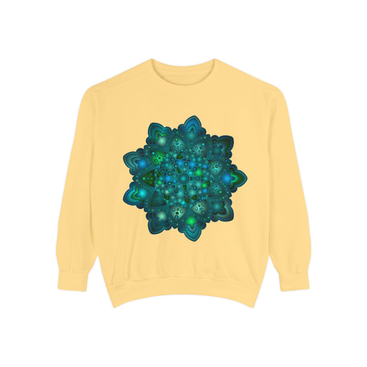 A detailed blue and green mandala design sweatshirt, perfect for casual wear