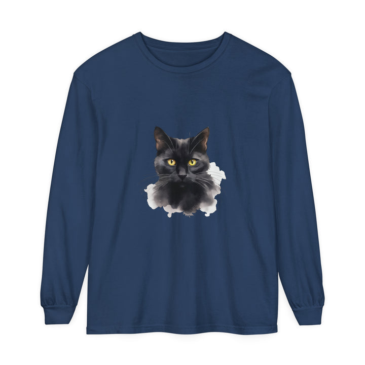 Unisex long sleeve black cat portrait t-shirt featuring realistic feline design