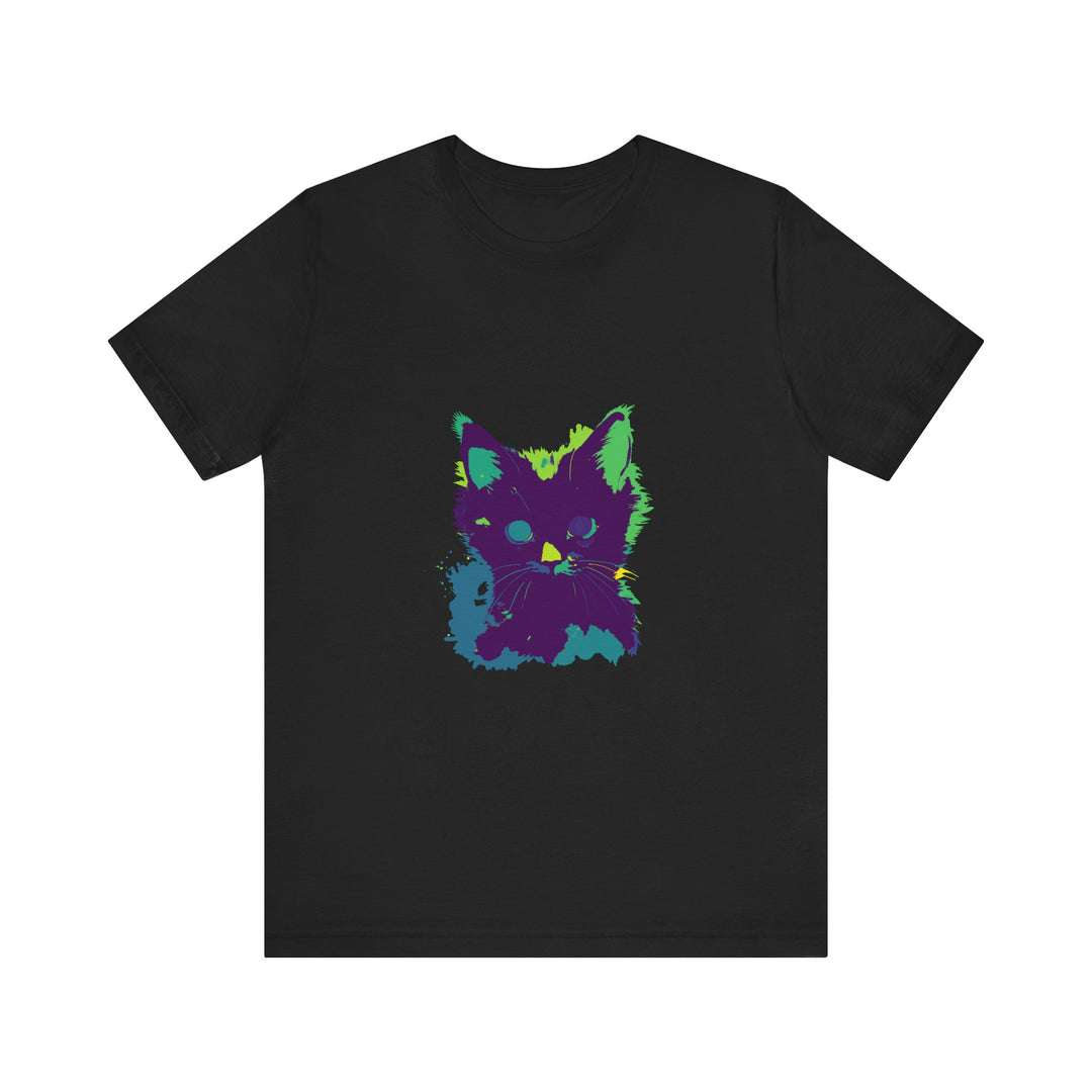 Neon Black Cat Mystery T-Shirt: A vibrant, eye-catching t-shirt featuring a mysterious black cat design