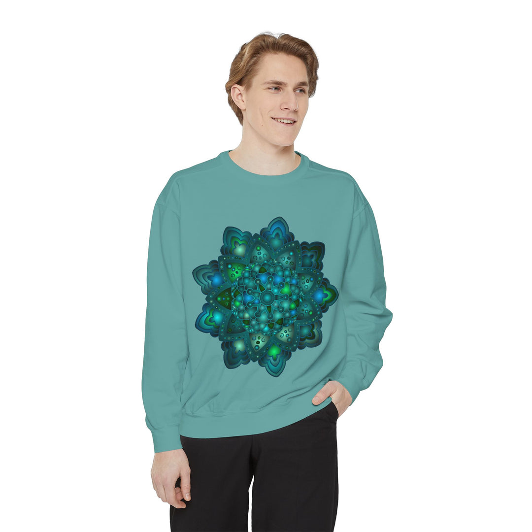 Beautiful blue and green mandala sweatshirt with intricate and detailed design