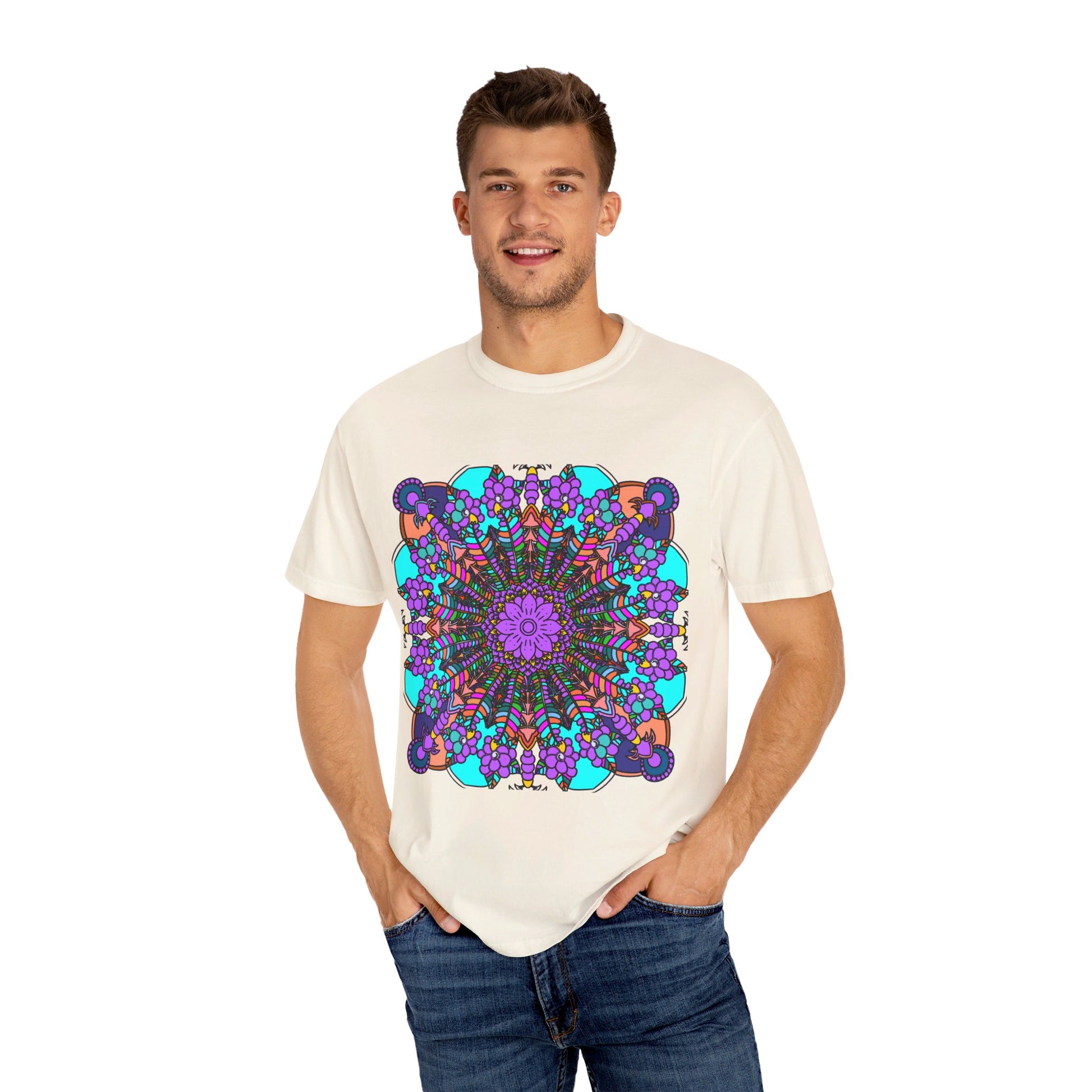 Unisex Mandala T-Shirt featuring hand-drawn mandala art, made of 100% ring-spun cotton, and garment-dyed for extra comfort