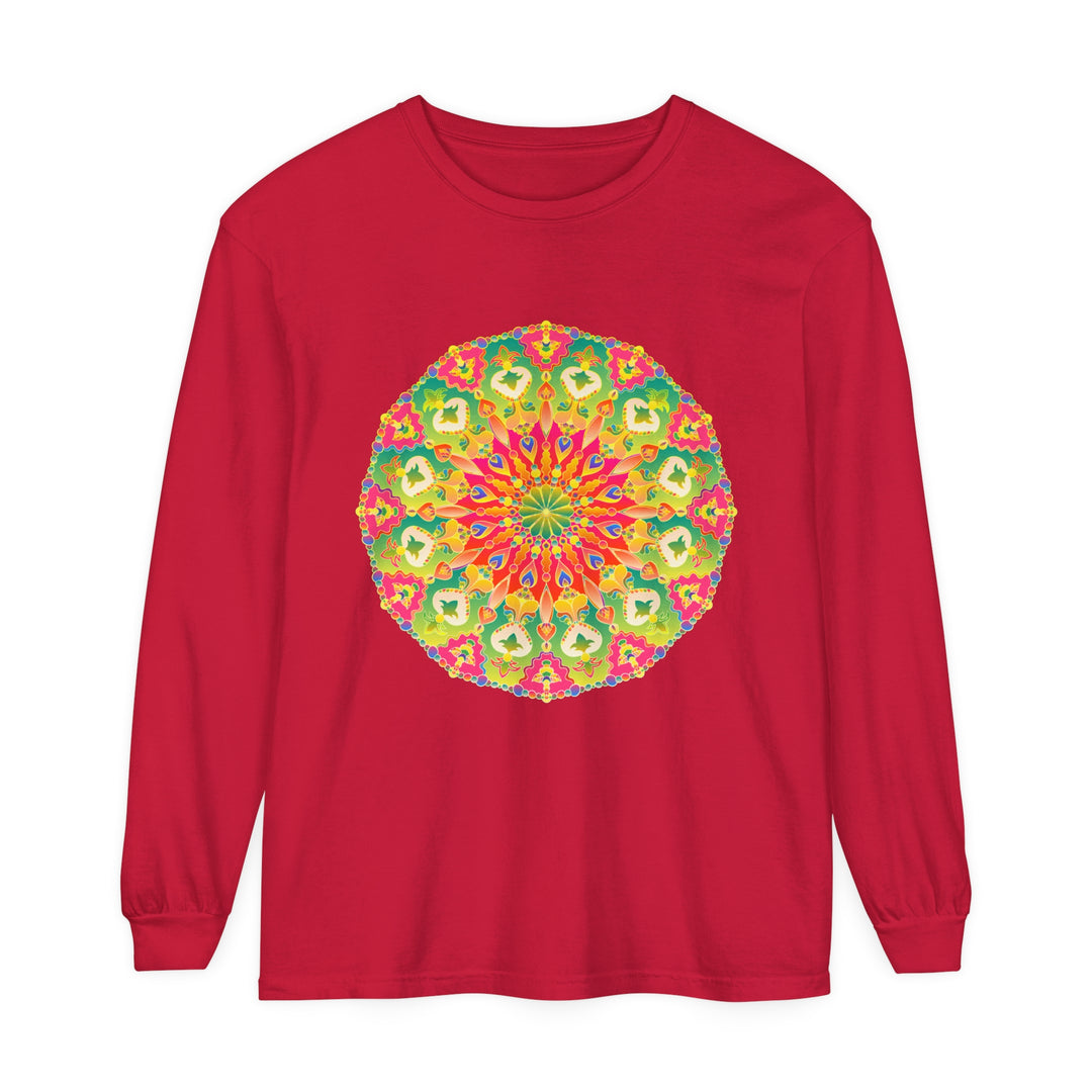 Colorful long sleeve t-shirt with intricate mandala design, perfect for artistic and vibrant fashion statement