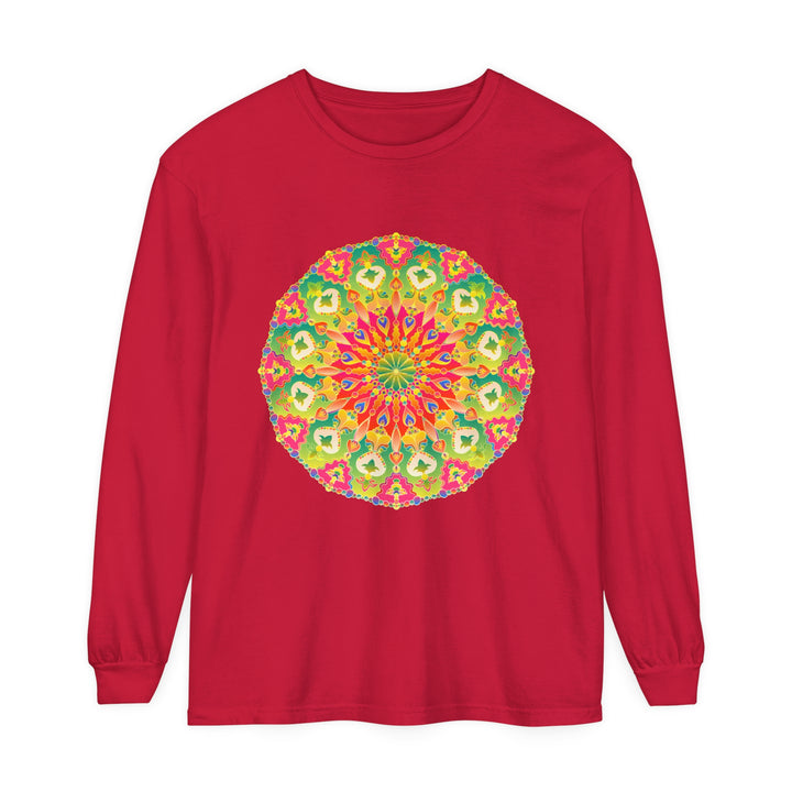 Colorful long sleeve t-shirt with intricate mandala design, perfect for artistic and vibrant fashion statement