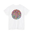 Colorful mandala art design printed on a comfortable unisex heavy cotton t-shirt ideal for yoga and mindfulness practices