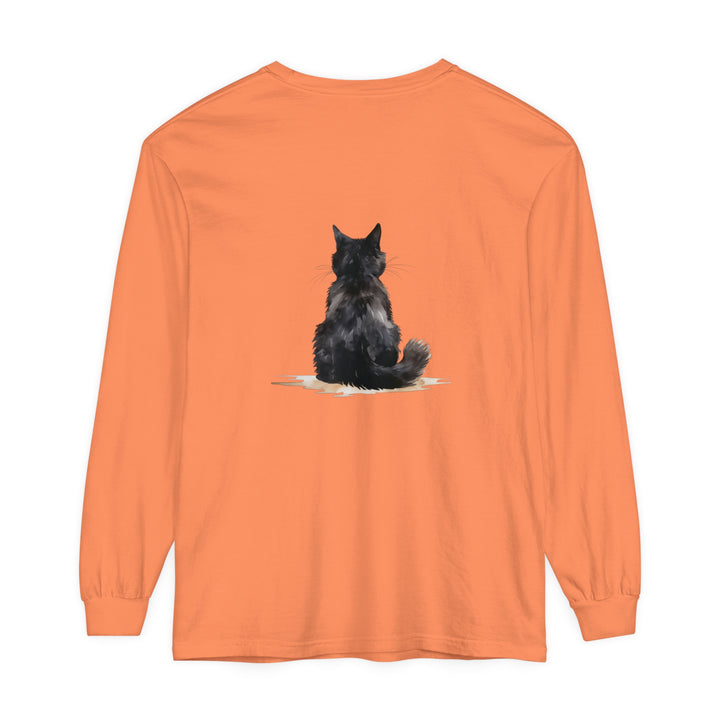 Black Cat Watercolor Unisex Long Sleeve T-Shirt featuring a vibrant and detailed watercolor design of a black cat on a comfortable and versatile long sleeve t-shirt