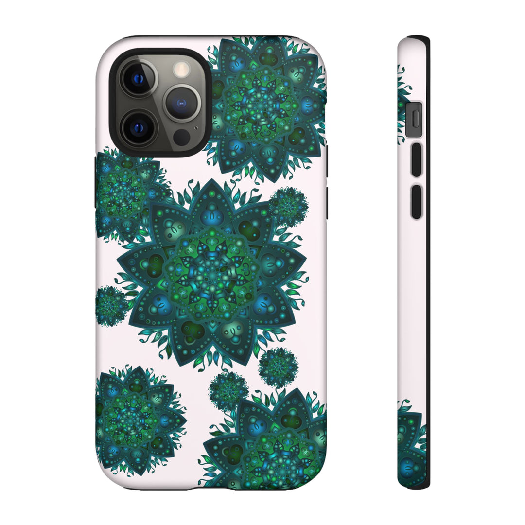 A beautifully designed light pink and green mandala phone case, creating a peaceful and calming aesthetic