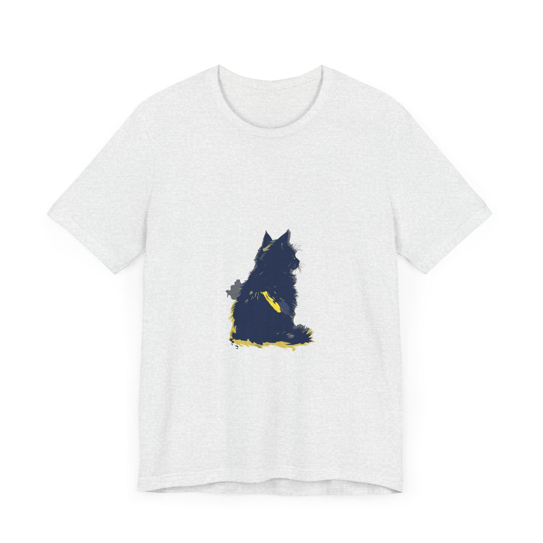 A close-up image of a blue t-shirt with a cool cat design, perfect for cat lovers and mystery enthusiasts