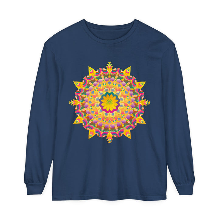 Colorful and intricate psychedelic mandala design on a long sleeve t-shirt