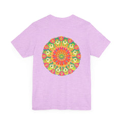 A close-up image of a vibrant mandala t-shirt with colorful and intricate patterns symbolizing spiritual peace and harmony in a stylish and comfortable outfit