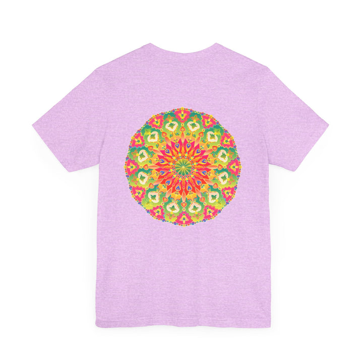 A close-up image of a vibrant mandala t-shirt with colorful and intricate patterns symbolizing spiritual peace and harmony in a stylish and comfortable outfit