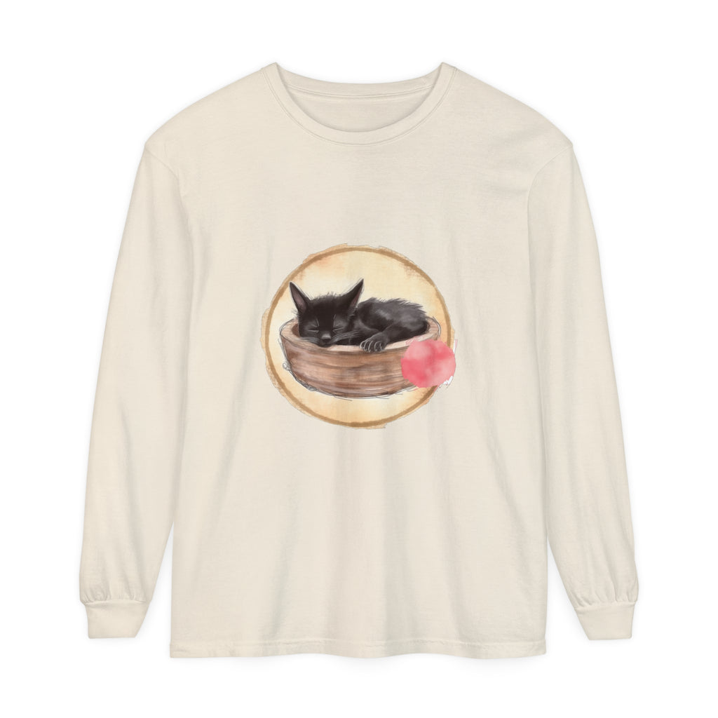 Watercolor illustration of a cute sleeping cat in a bowl on a long sleeve t-shirt