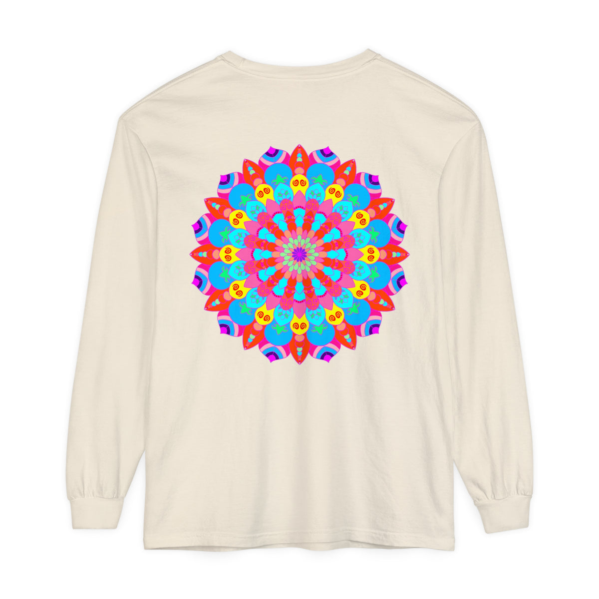 Vibrant and intricate mandala design on a unisex long sleeve t-shirt