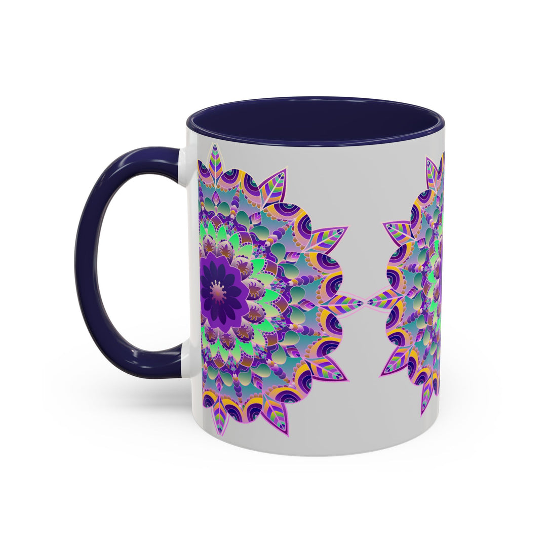 Vibrant light grey mandala art mug with intricate floral patterns