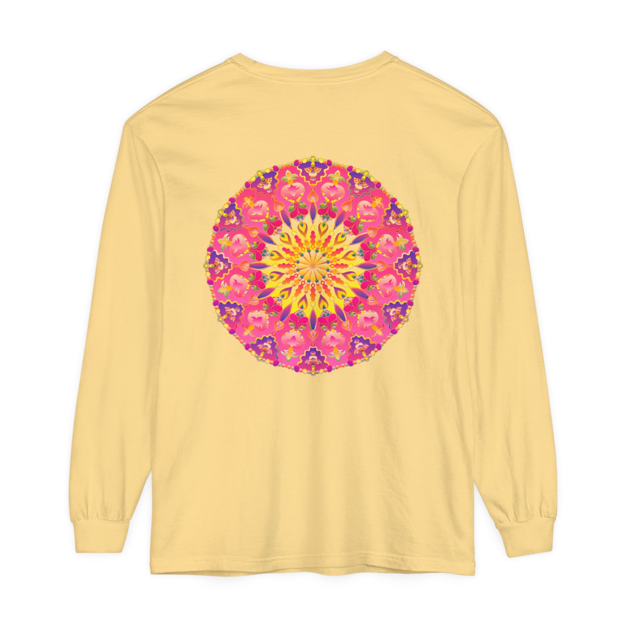 Colorful and intricate mandala design on a unisex long sleeve t-shirt