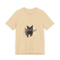Black Cat Watercolor Sprint T-Shirt, women's fitted black tee with vibrant cat design