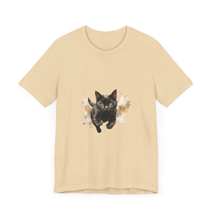 Black Cat Watercolor Sprint T-Shirt, women's fitted black tee with vibrant cat design