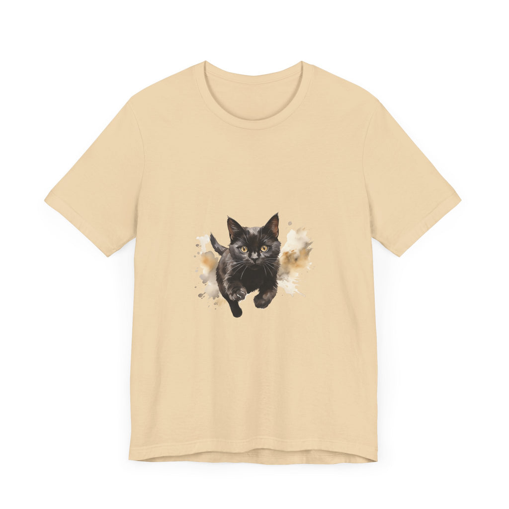 Black Cat Watercolor Sprint T-Shirt, women's fitted black tee with vibrant cat design