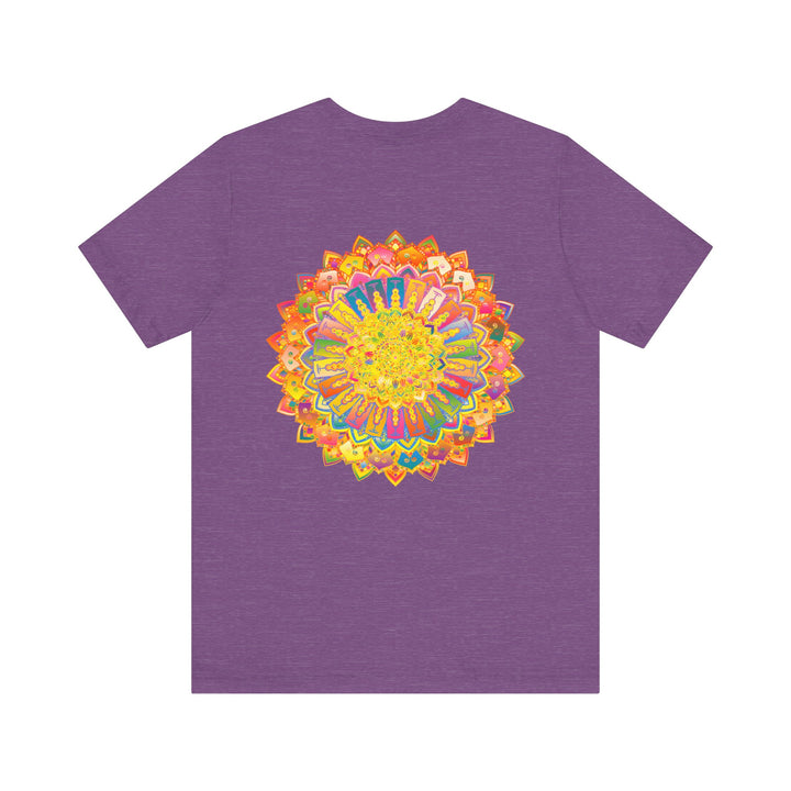 A close-up image of a vibrant mandala tee, featuring intricate geometric patterns in various colors, representing spiritual peace and harmony