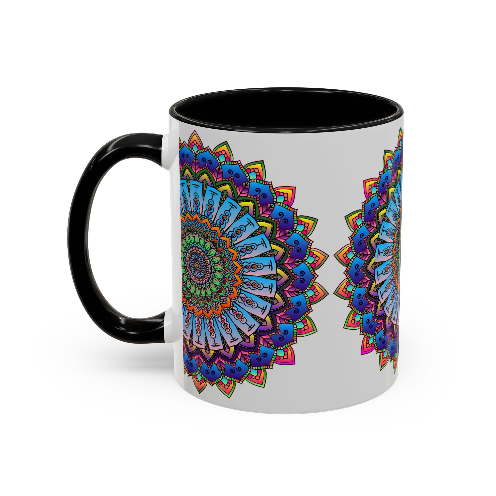 Vibrant Mandala Mug featuring colorful and intricate art on a grey background, perfect for adding a pop of color to your morning coffee routine