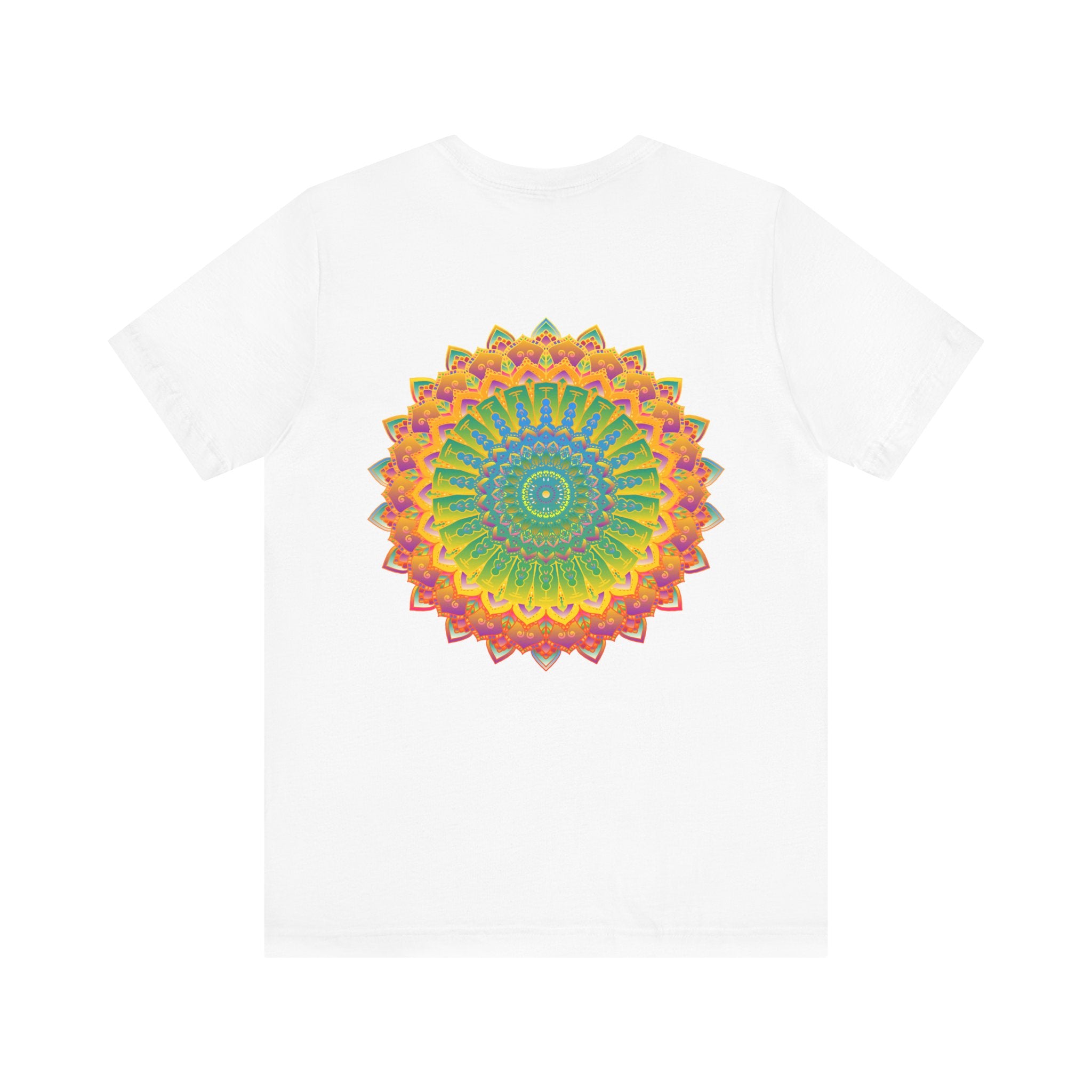 A colorful and intricate mandala design adorns this Vibrant Mandala Tee, symbolizing spiritual peace and harmony for a unique and artistic style