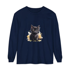 A colorful watercolor splash design featuring a playful black kitten, printed on a comfortable and stylish T-shirt