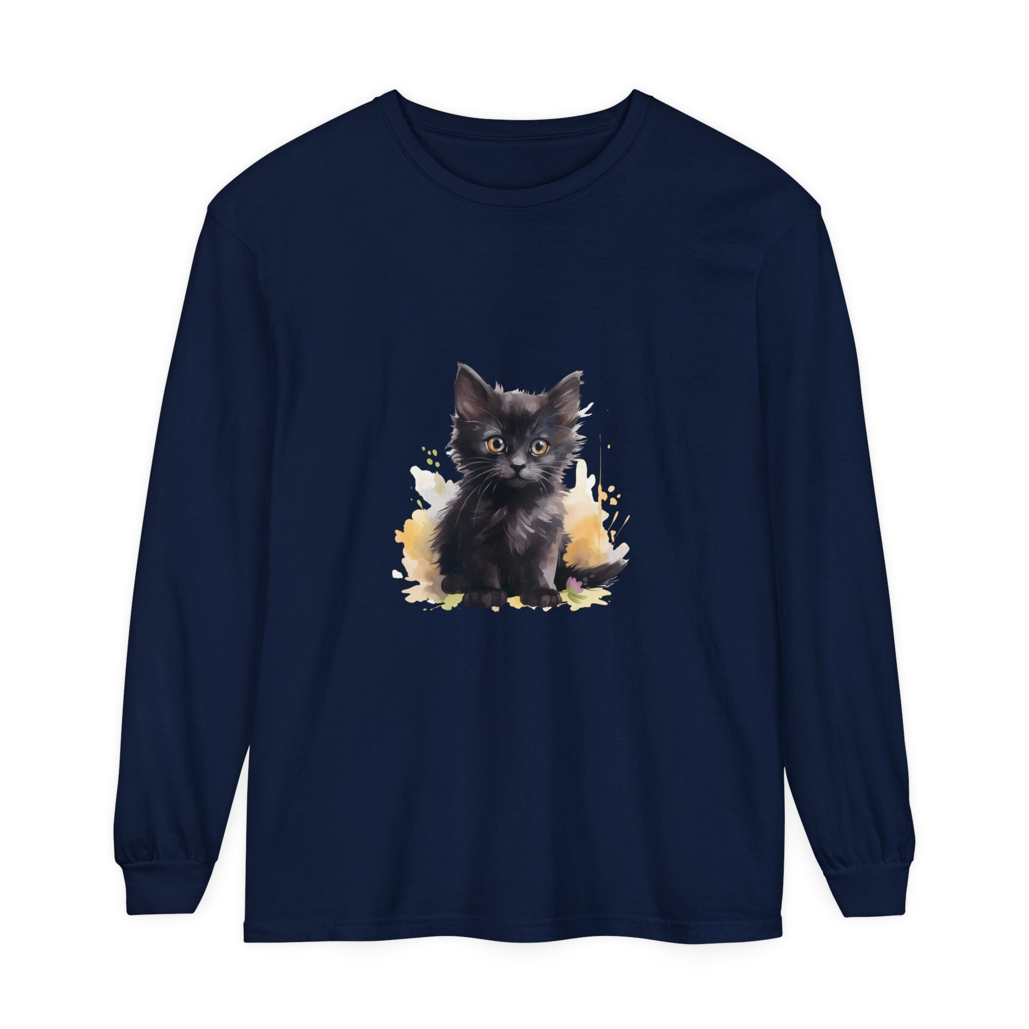 A colorful watercolor splash design featuring a playful black kitten, printed on a comfortable and stylish T-shirt