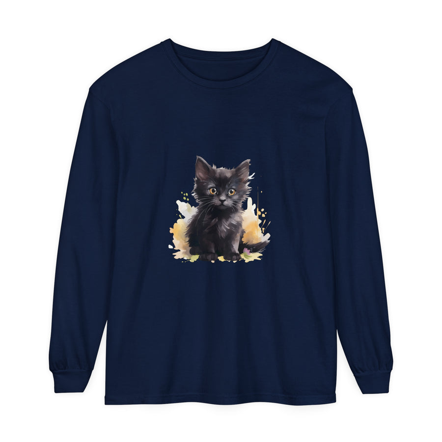 A colorful watercolor splash design featuring a playful black kitten, printed on a comfortable and stylish T-shirt