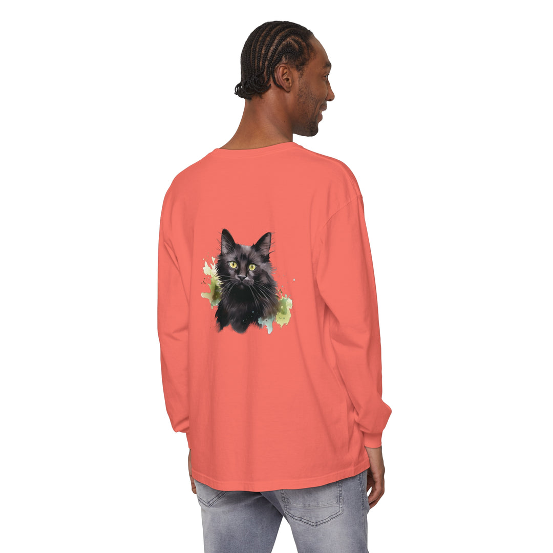 Black Cat Watercolor Splash Long Sleeve T-Shirt with vibrant feline design