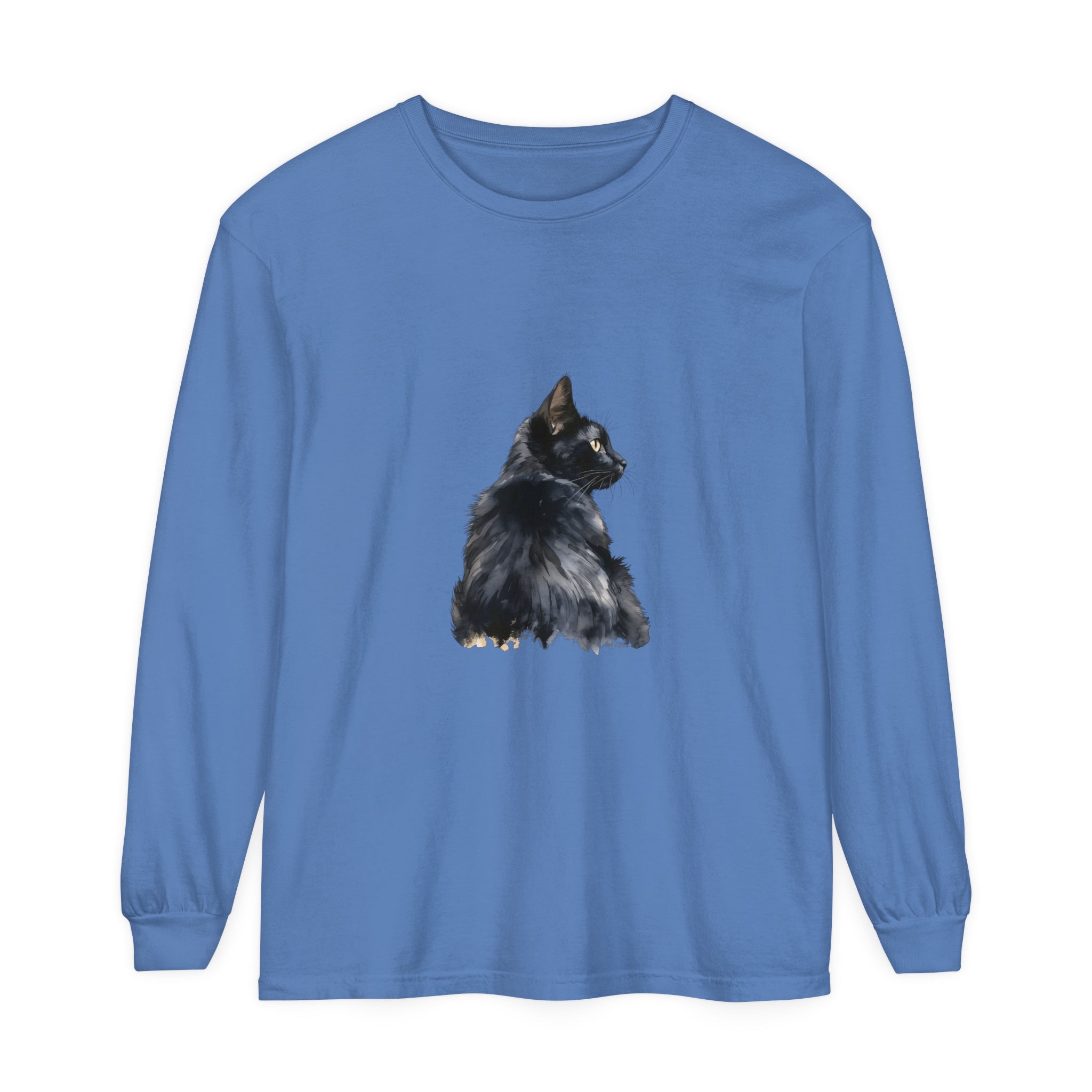 Black Cat Watercolor Long Sleeve T-Shirt featuring a stunning watercolor design of a black cat on a long sleeve t-shirt