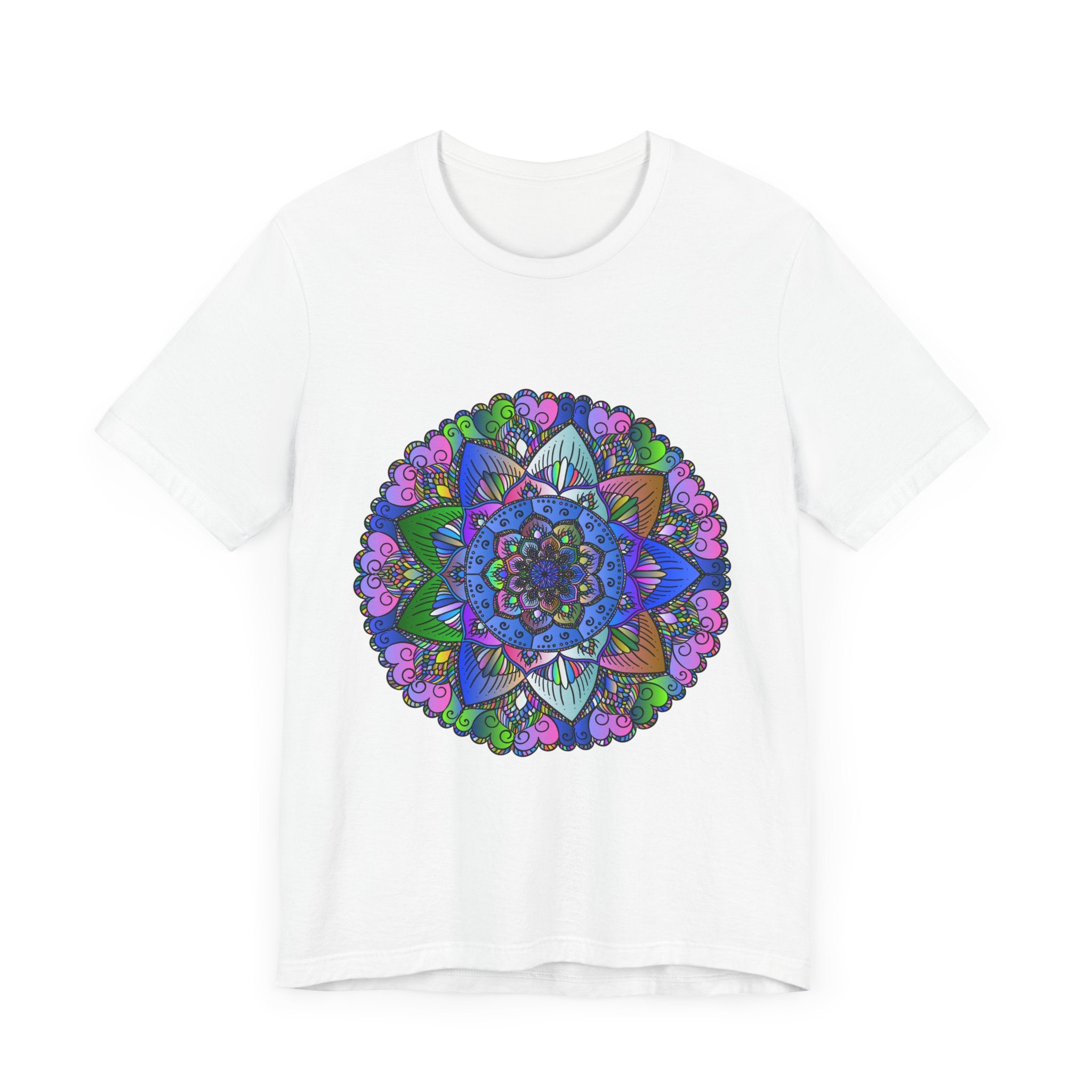 Vibrantly colored mandala art t-shirt with intricate design and eye-catching details