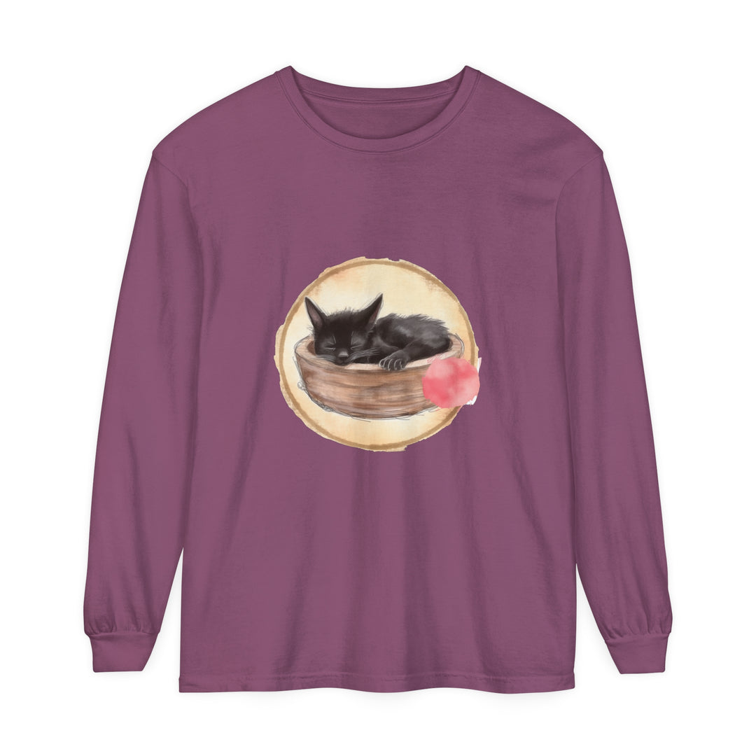 Watercolor illustration of a cute sleeping cat curled up in a bowl, featured on a long sleeve t-shirt