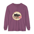 Watercolor illustration of a cute sleeping cat curled up in a bowl, featured on a long sleeve t-shirt