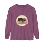 Watercolor illustration of a cute sleeping cat curled up in a bowl, featured on a long sleeve t-shirt