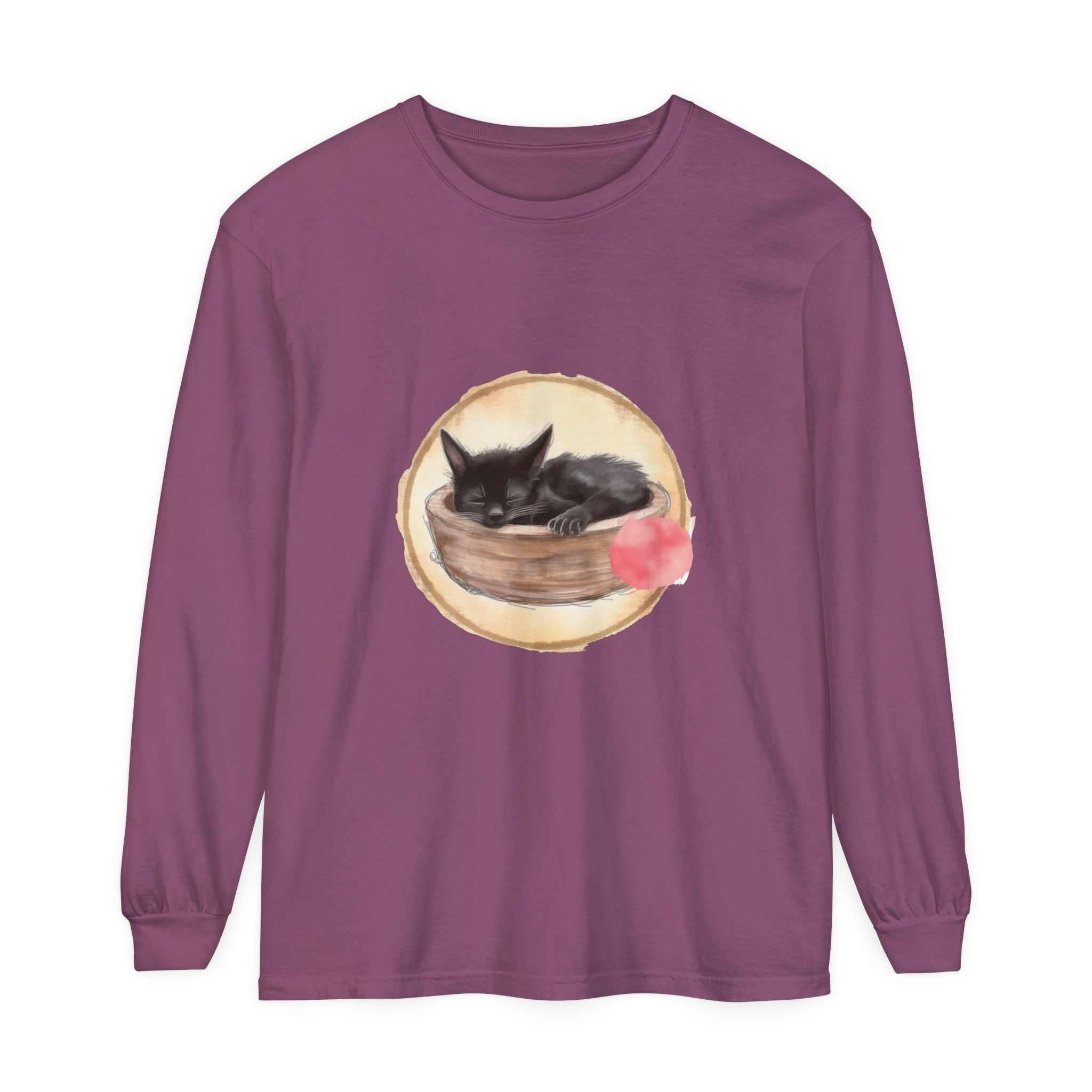 Watercolor illustration of a cute sleeping cat curled up in a bowl, featured on a long sleeve t-shirt