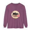 Watercolor illustration of a cute sleeping cat curled up in a bowl, featured on a long sleeve t-shirt