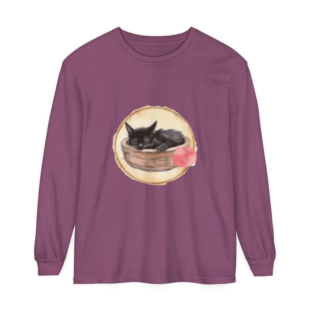 Watercolor illustration of a cute sleeping cat curled up in a bowl, featured on a long sleeve t-shirt