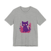 A unique and playful purple t-shirt featuring a mysterious cat design