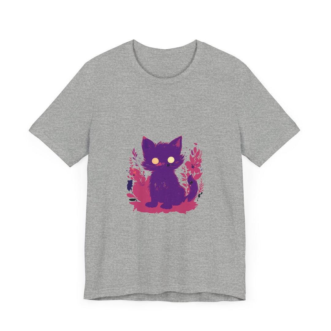 A unique and playful purple t-shirt featuring a mysterious cat design