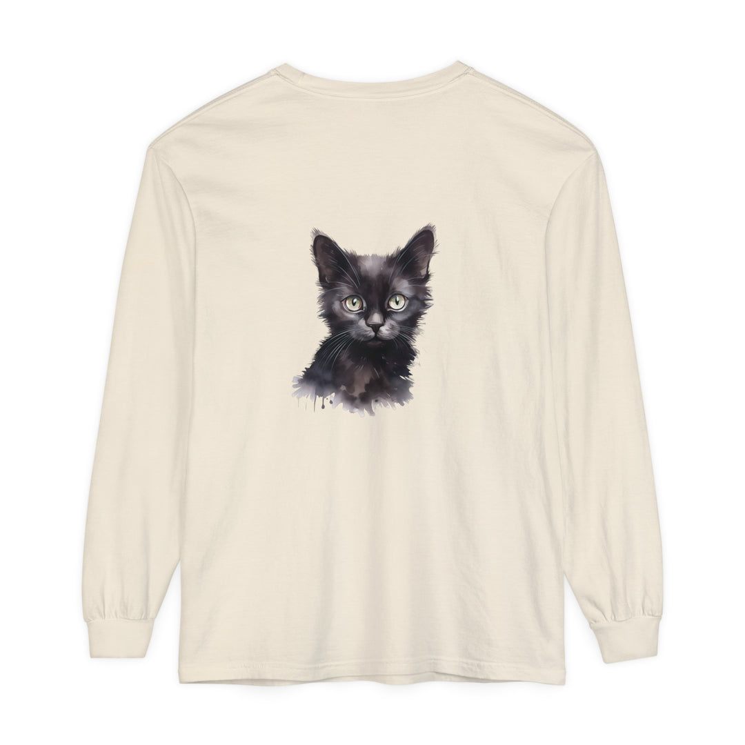 Black Cat Watercolor Long Sleeve T-Shirt featuring a beautiful watercolor design of a black cat on a comfortable long sleeve shirt