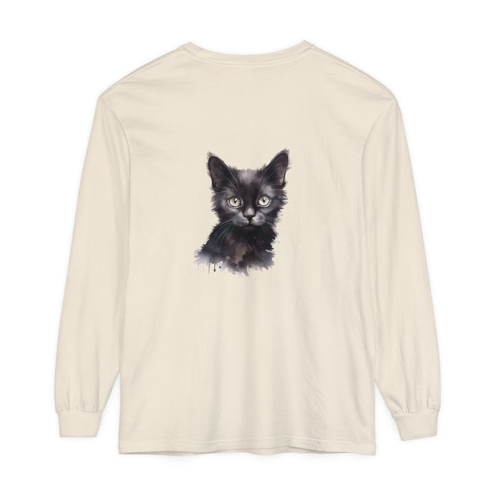 Black Cat Watercolor Long Sleeve T-Shirt featuring a beautiful watercolor design of a black cat on a comfortable long sleeve shirt