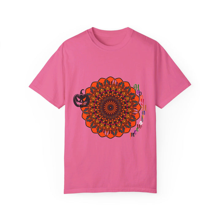 Unisex Halloween Mandala T-shirt featuring handmade pumpkin mandala art on garment-dyed tee for spooky yet stylish look