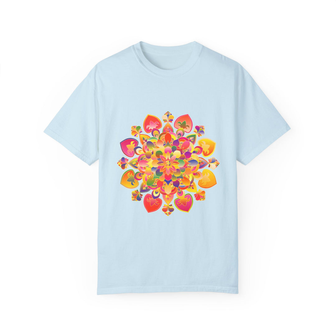 Colorful and intricate hand-drawn mandala design on a vibrant t-shirt