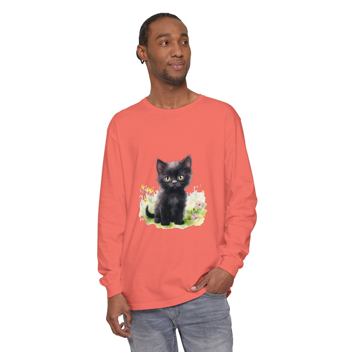 Black kitten sitting in a colorful flower garden, printed on a long sleeve t-shirt