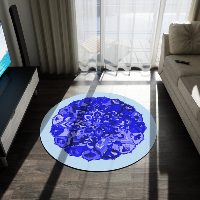 Runder blauer Mandala-Teppich — Böhmische dekorative Bodenmatte für Wohnzimmer, Schlafzimmer, Meditation