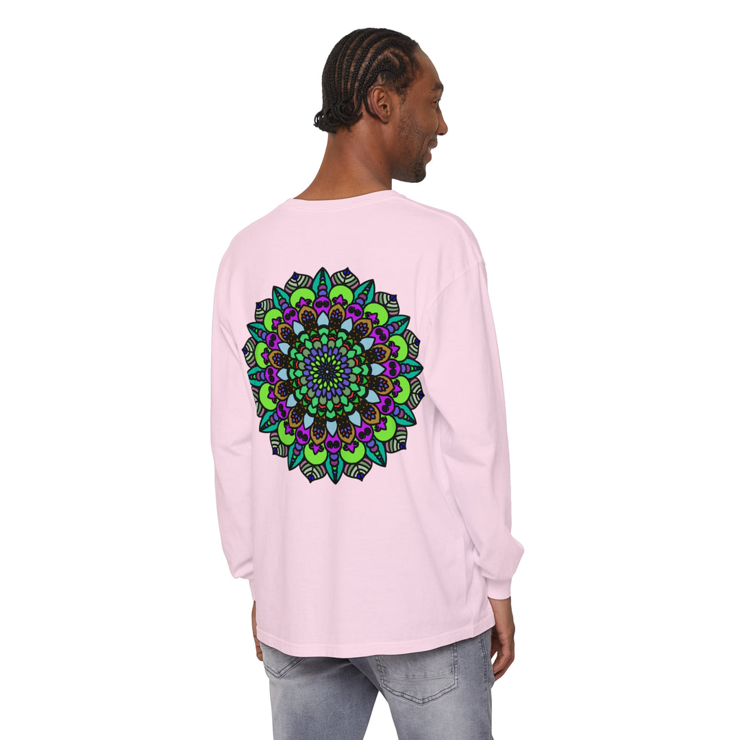 Colorful and intricate psychedelic mandala design on unisex long sleeve t-shirt